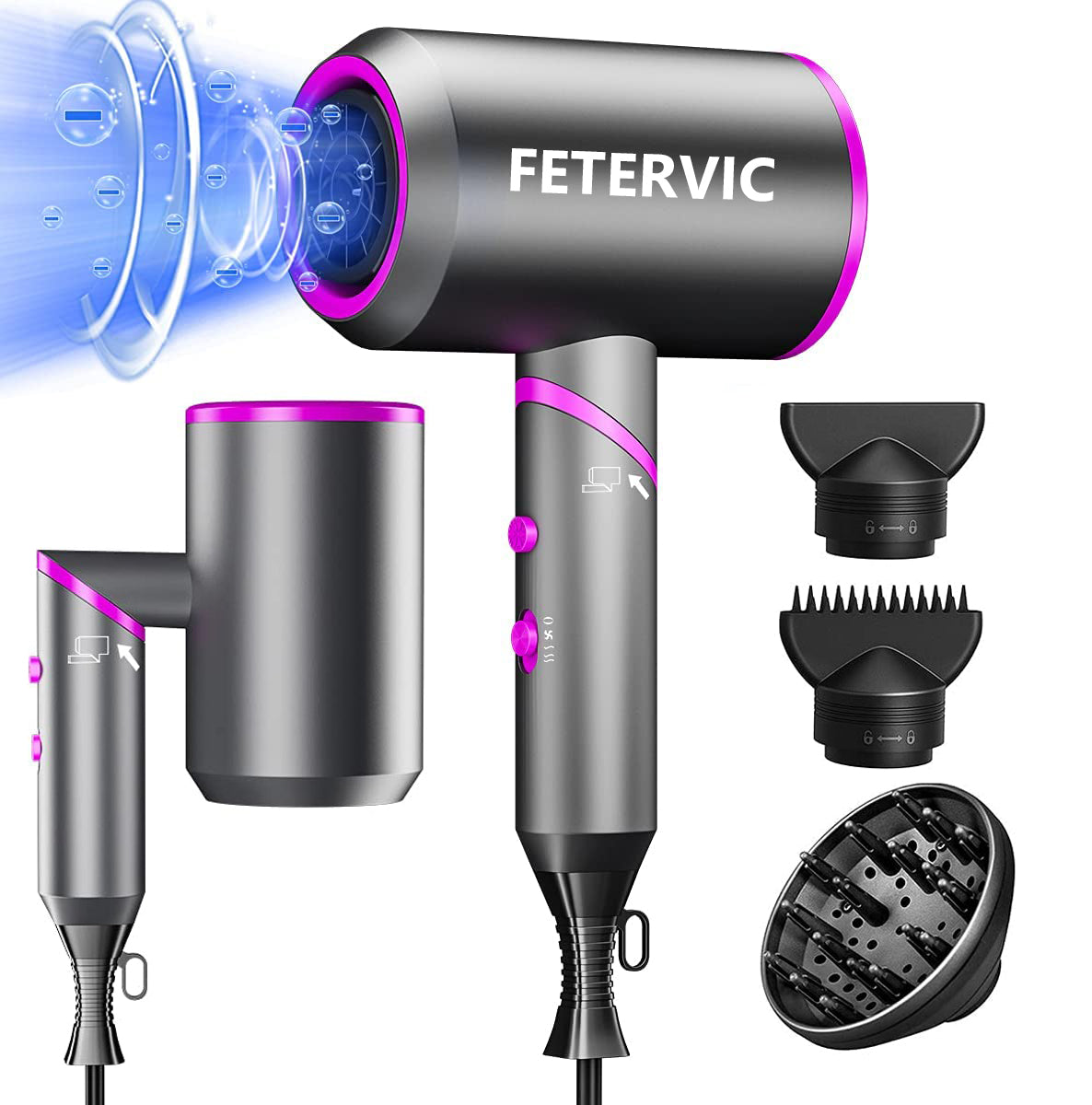 FETERVIC 2000W Upgraded Hair Dryer, Professional Foldable Ionic Blow Dryer with 2 Speed 3 Heat Setting, Powerful Hair Blow Dryer with 1 Diffuser & 2 Concentrator for Home Salon Travel(Dark Grey)