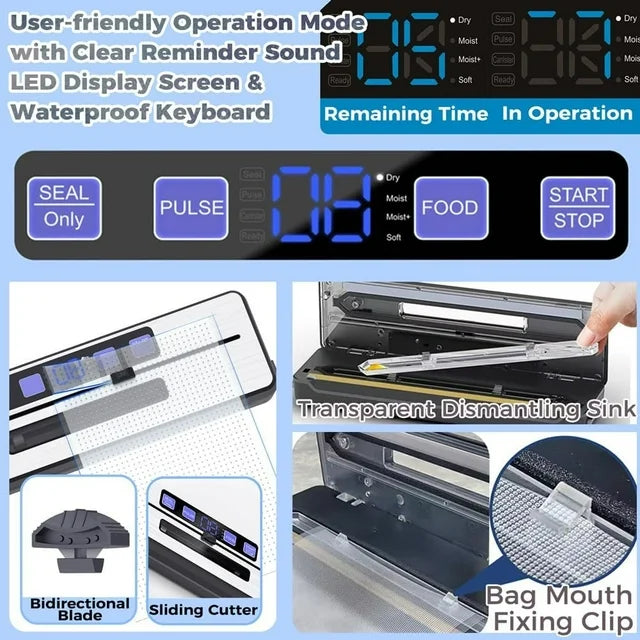 FETERVIC 8 in 1 Food Vacuum Sealer Machine 90KPA 130W with Built-in Cutter, LED Digital display, 6 Food Sealer Modes for Food Storage with 20Pcs Seal Bags Kit