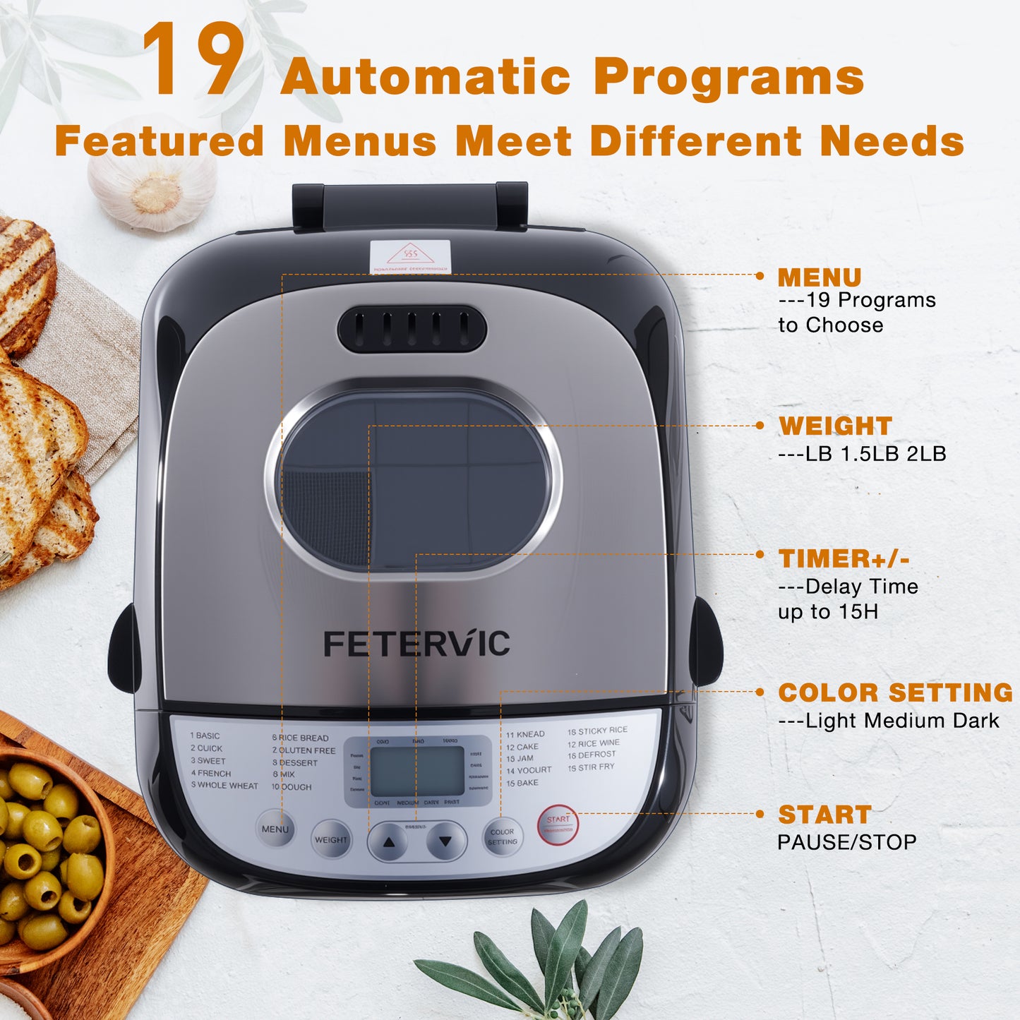 FETERVIC 19-IN-1 Bread Maker, 2LB Bread Machine Nonstick Ceramic Pan Bread Maker Machine for Gluten Free/Dough Maker/Dried Meat Floss/Jam/Yogurt, Breadmaker Recipe,Black