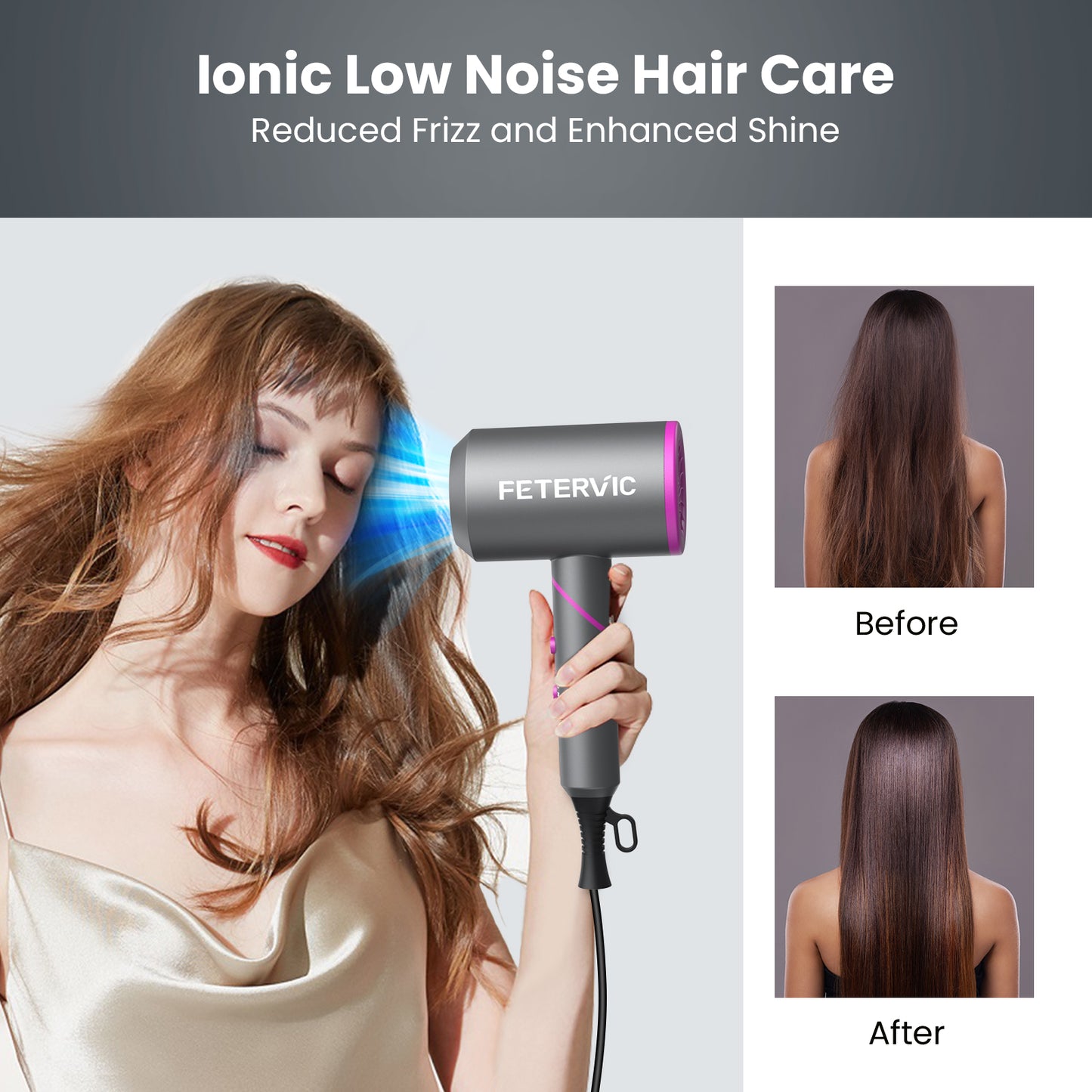 FETERVIC 2000W Upgraded Hair Dryer, Professional Foldable Ionic Blow Dryer with 2 Speed 3 Heat Setting, Powerful Hair Blow Dryer with 1 Diffuser & 2 Concentrator for Home Salon Travel(Dark Grey)