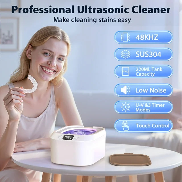 FETERVIC 48kHz Ultrasonic Retainer Cleaner Machine with 220ML, 3 Modes, Ultrasonic Denture Cleaner for Mouth Guard, Aligners