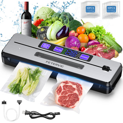 FETERVIC 8 in 1 Food Vacuum Sealer Machine 90KPA 130W with Built-in Cutter, LED Digital display, 6 Food Sealer Modes for Food Storage with 20Pcs Seal Bags Kit