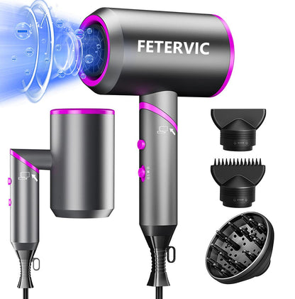 FETERVIC 2000W Upgraded Hair Dryer, Professional Foldable Ionic Blow Dryer with 2 Speed 3 Heat Setting, Powerful Hair Blow Dryer with 1 Diffuser & 2 Concentrator for Home Salon Travel(Dark Grey)