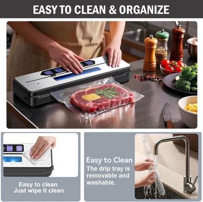 FETERVIC 8 in 1 Food Vacuum Sealer Machine 90KPA 130W with Built-in Cutter, LED Digital display, 6 Food Sealer Modes for Food Storage with 20Pcs Seal Bags Kit