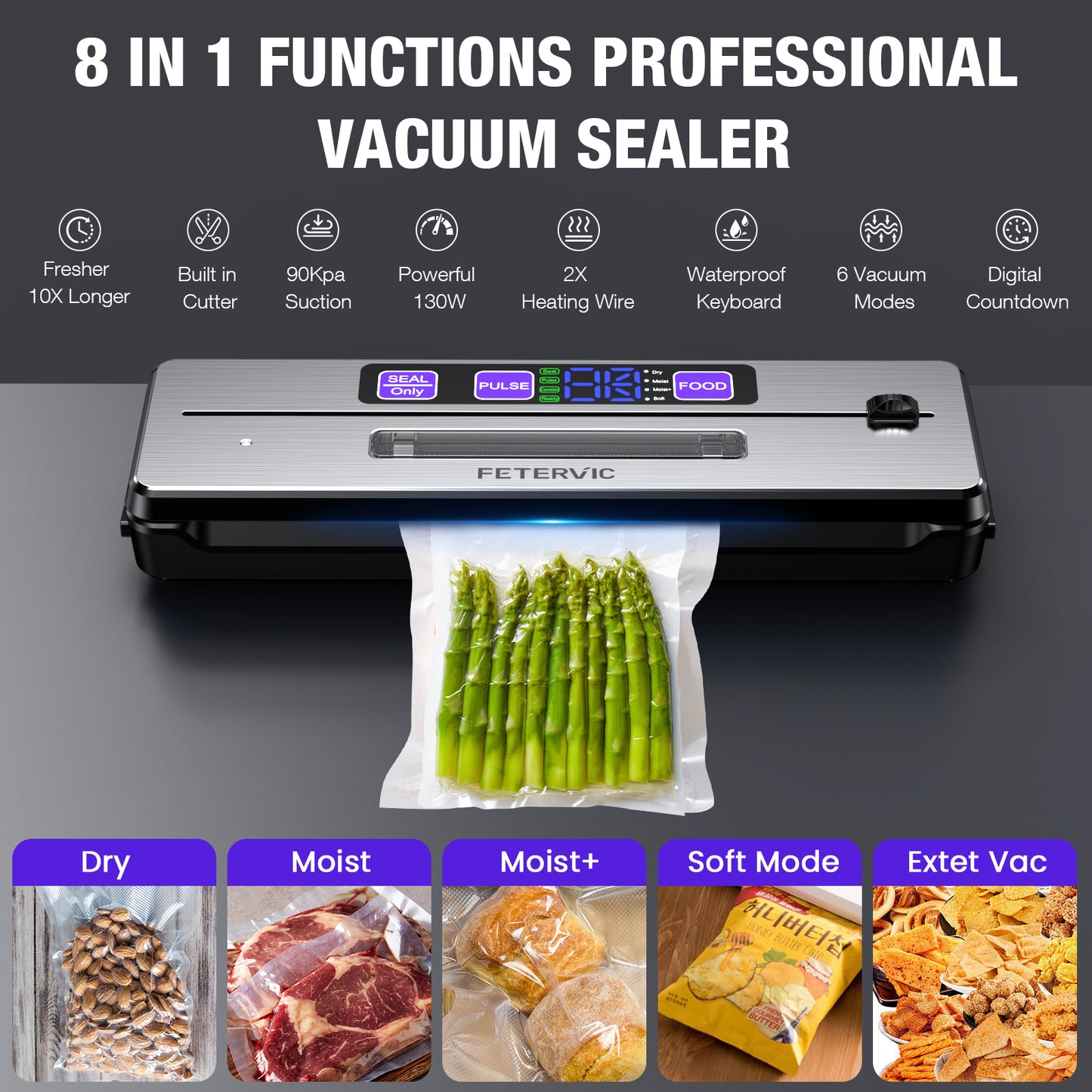 FETERVIC 8 in 1 Food Vacuum Sealer Machine 90KPA 130W with Built-in Cutter, LED Digital display, 6 Food Sealer Modes for Food Storage with 20Pcs Seal Bags Kit