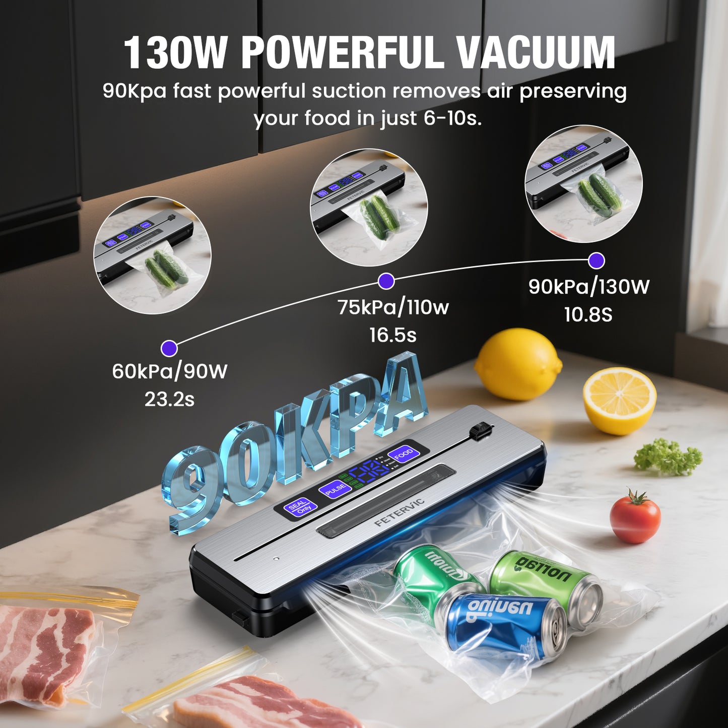 FETERVIC 8 in 1 Food Vacuum Sealer Machine 90KPA 130W with Built-in Cutter, LED Digital display, 6 Food Sealer Modes for Food Storage with 20Pcs Seal Bags Kit