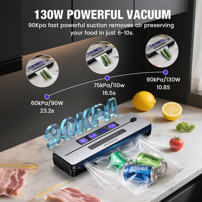 FETERVIC 8 in 1 Food Vacuum Sealer Machine 90KPA 130W with Built-in Cutter, LED Digital display, 6 Food Sealer Modes for Food Storage with 20Pcs Seal Bags Kit
