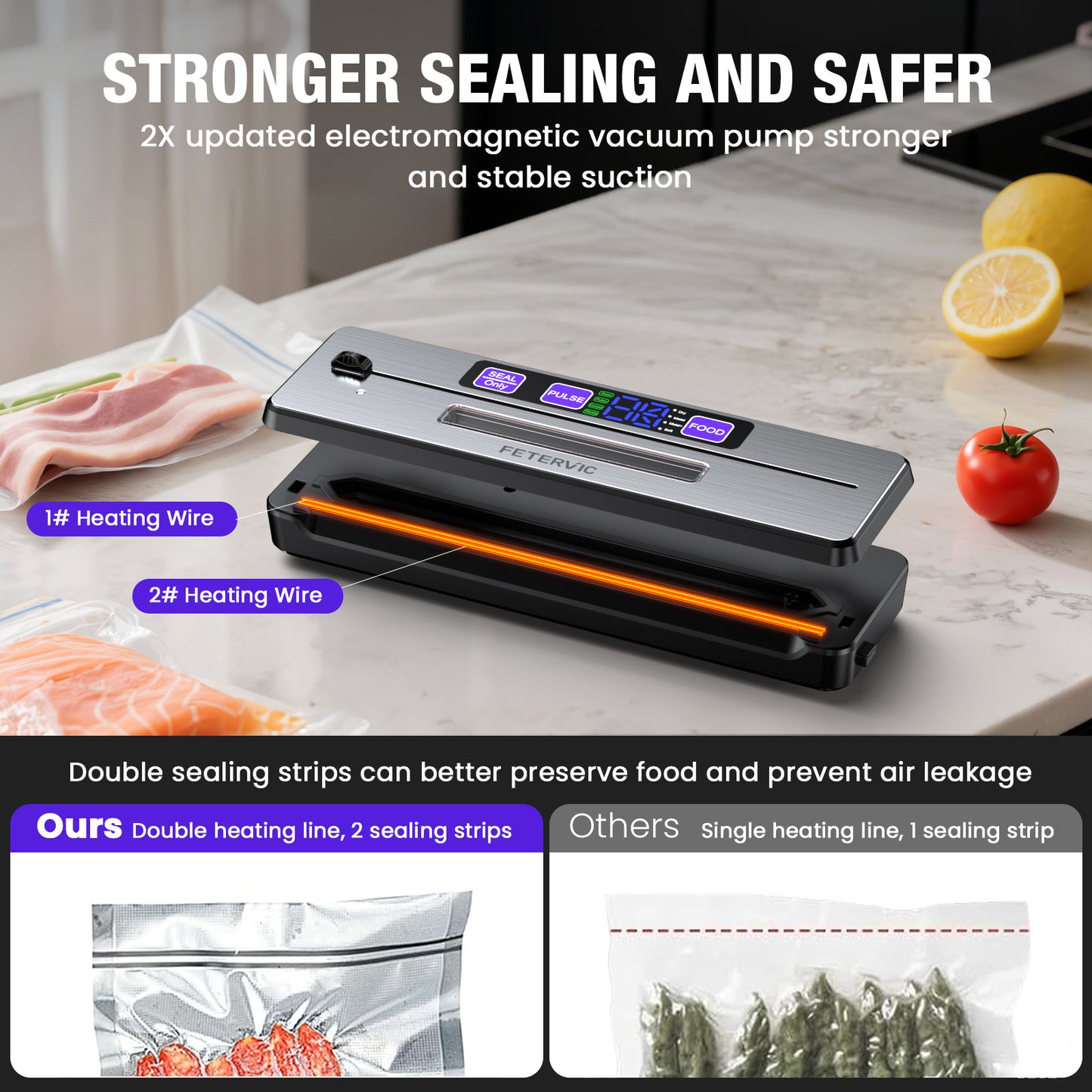 FETERVIC 8 in 1 Food Vacuum Sealer Machine 90KPA 130W with Built-in Cutter, LED Digital display, 6 Food Sealer Modes for Food Storage with 20Pcs Seal Bags Kit