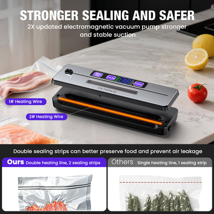 FETERVIC 8 in 1 Food Vacuum Sealer Machine 90KPA 130W with Built-in Cutter, LED Digital display, 6 Food Sealer Modes for Food Storage with 20Pcs Seal Bags Kit