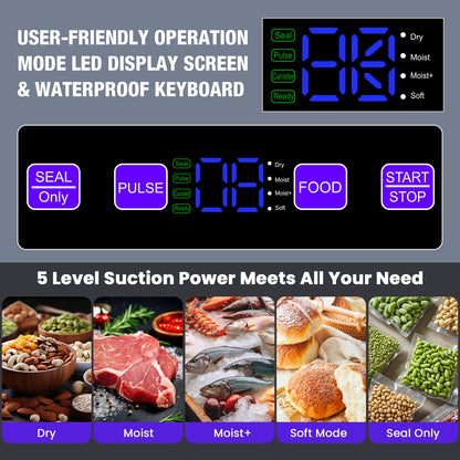 FETERVIC 8 in 1 Food Vacuum Sealer Machine 90KPA 130W with Built-in Cutter, LED Digital display, 6 Food Sealer Modes for Food Storage with 20Pcs Seal Bags Kit