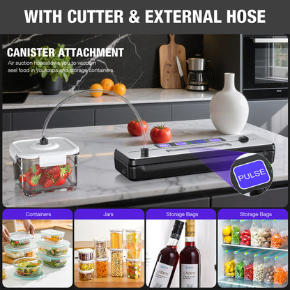 FETERVIC 8 in 1 Food Vacuum Sealer Machine 90KPA 130W with Built-in Cutter, LED Digital display, 6 Food Sealer Modes for Food Storage with 20Pcs Seal Bags Kit