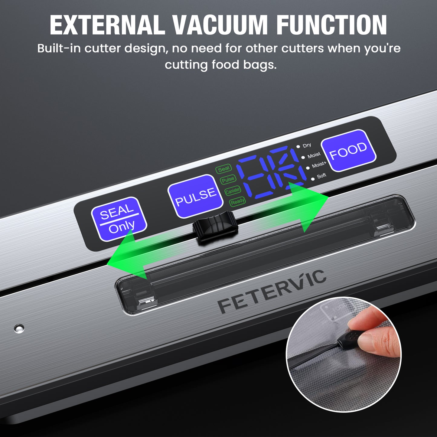 FETERVIC 8 in 1 Food Vacuum Sealer Machine 90KPA 130W with Built-in Cutter, LED Digital display, 6 Food Sealer Modes for Food Storage with 20Pcs Seal Bags Kit